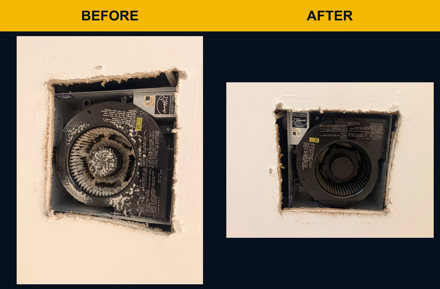 Bathroom exhaust fan wheel before and after visible dust removal