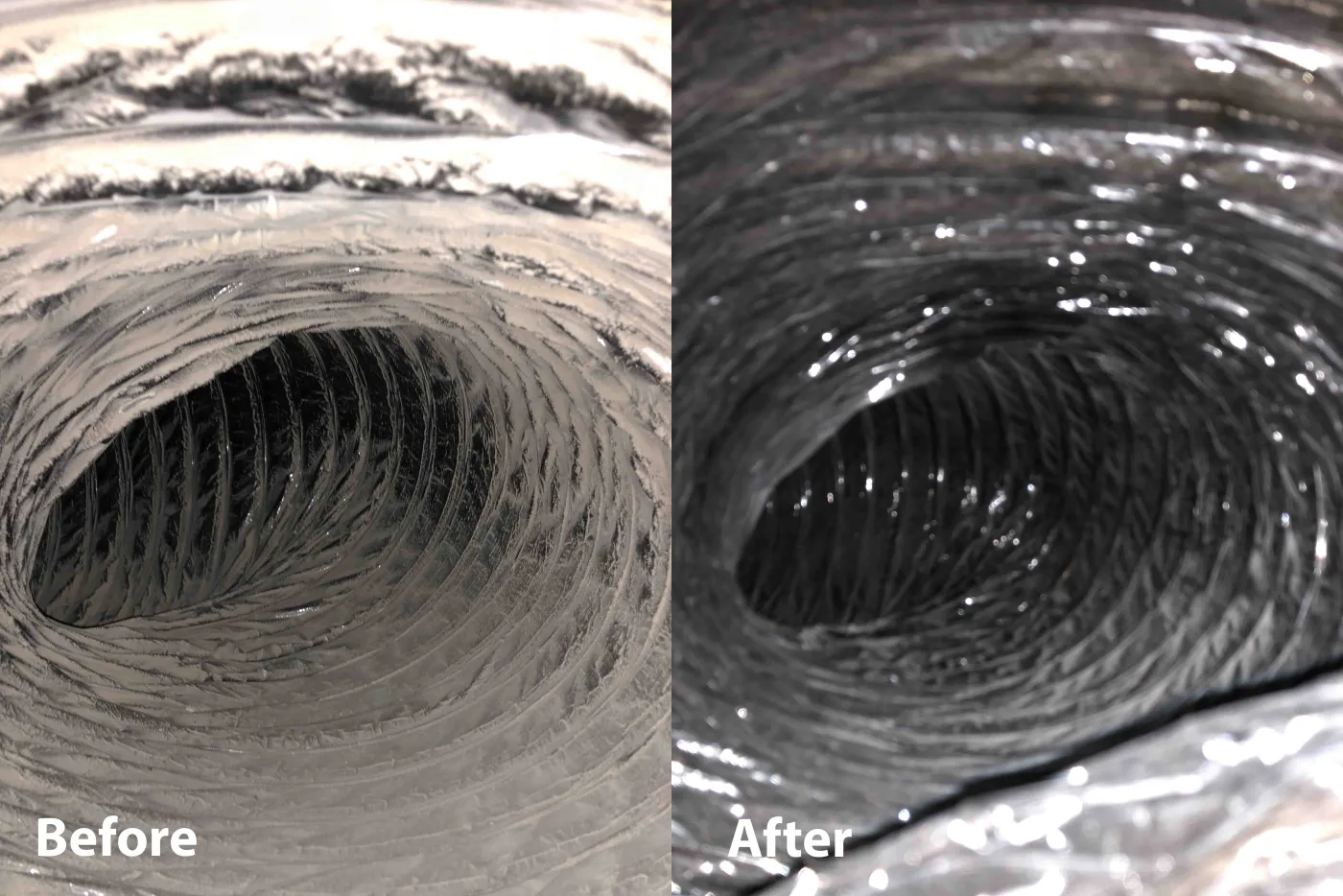 Flexible duct before and after cleaning with visible dust removal.