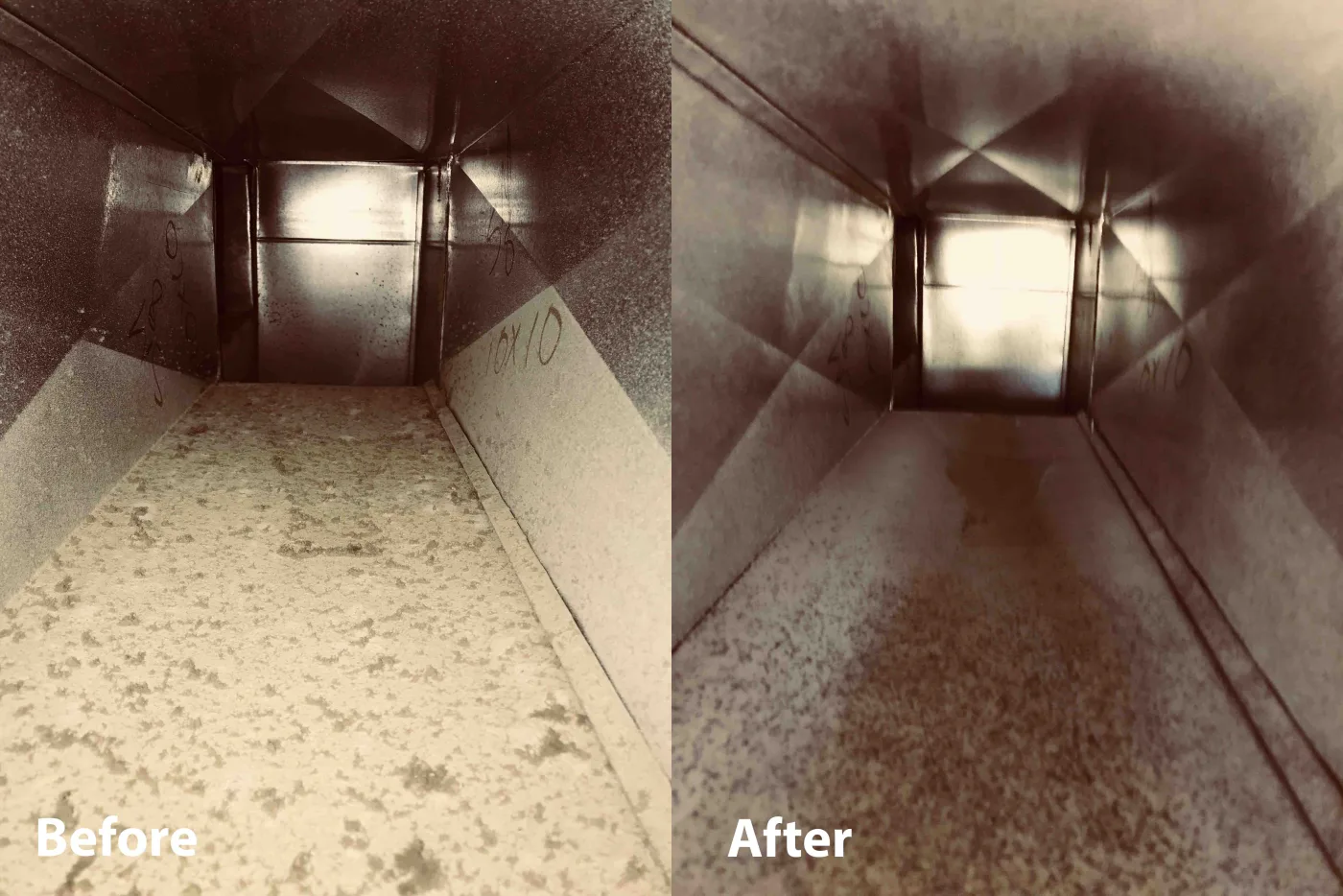 Metal duct interior before and after compressed-air duct cleaning.