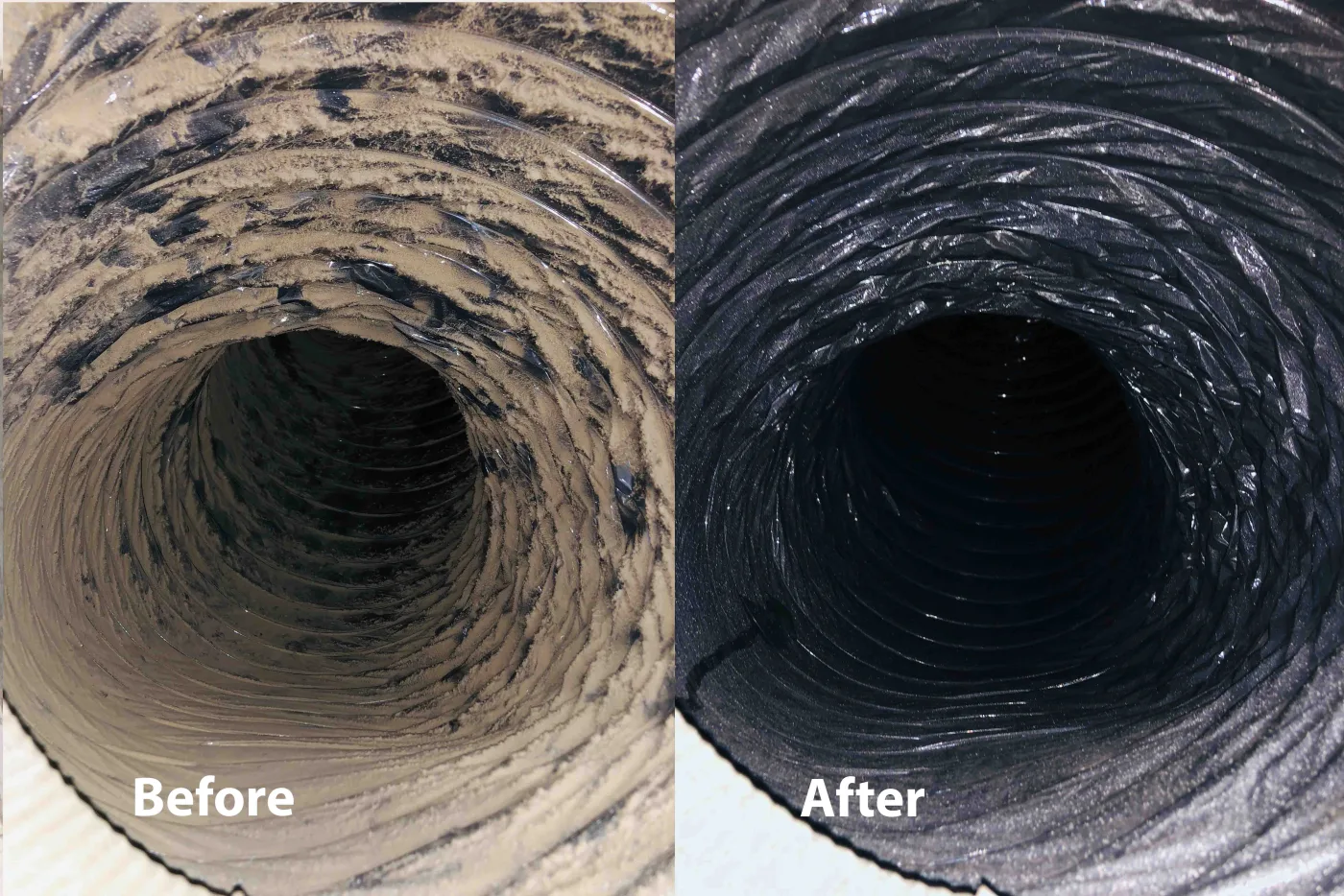 Duct liner before and after cleaning with dust and debris removed.