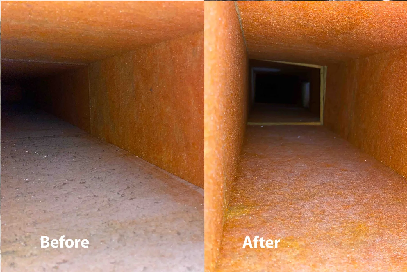 Orange duct section before and after professional duct cleaning.