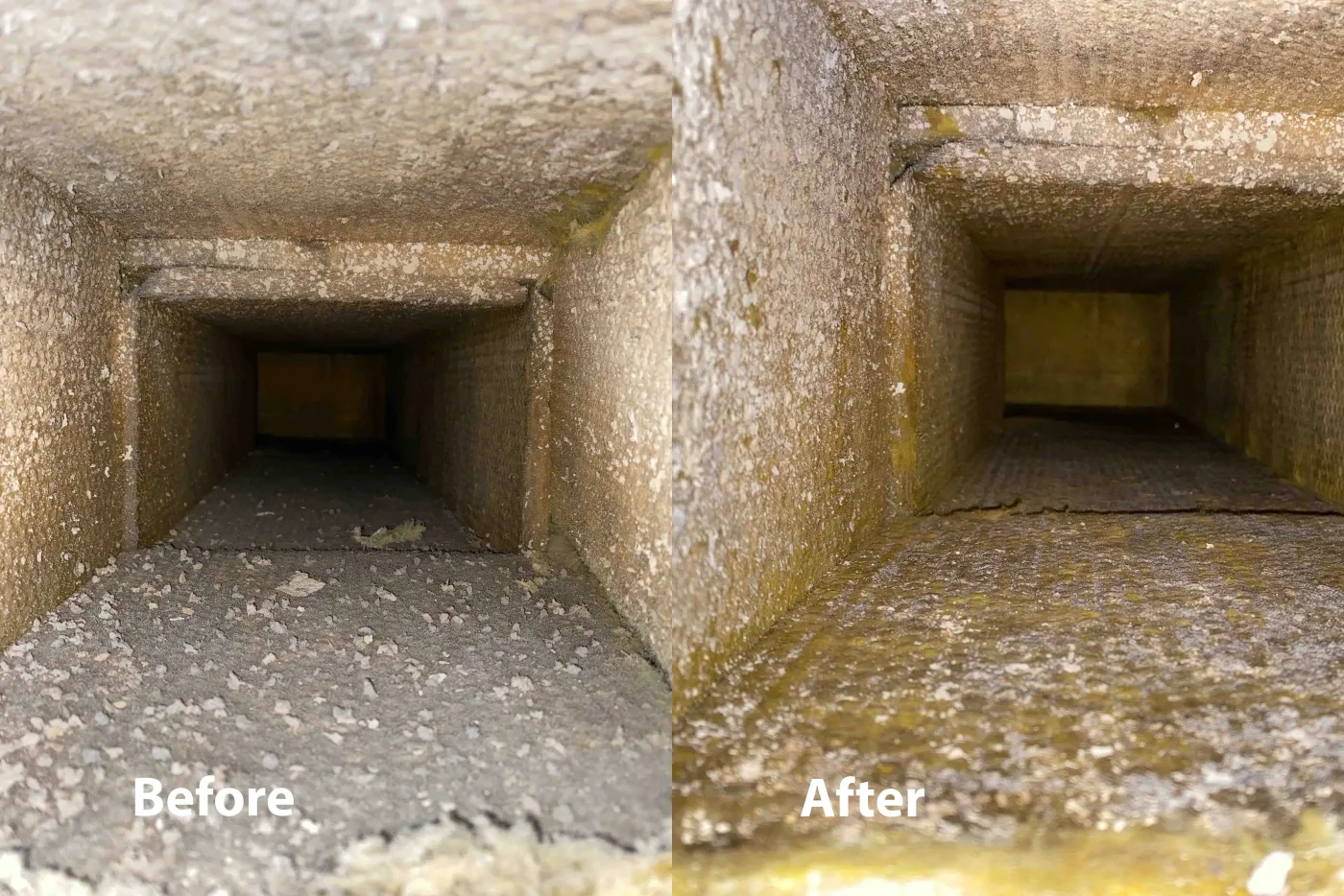 Return-side buildup before and after duct cleaning service.