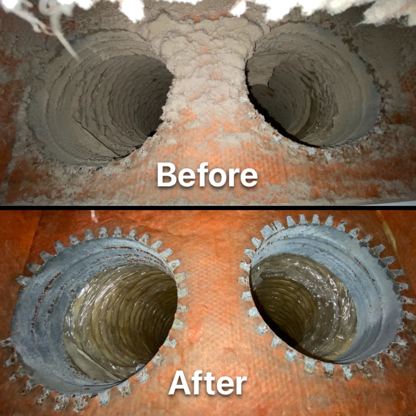 Duct collar and return opening before and after cleaning.