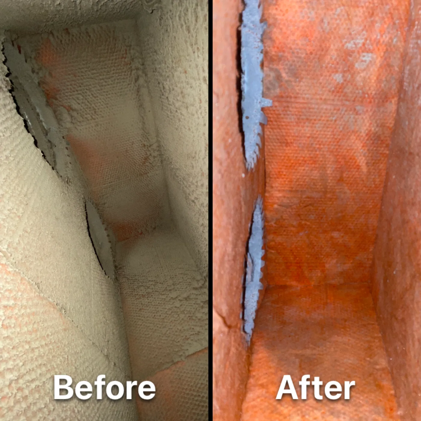 Duct wall before and after dust removal during service.