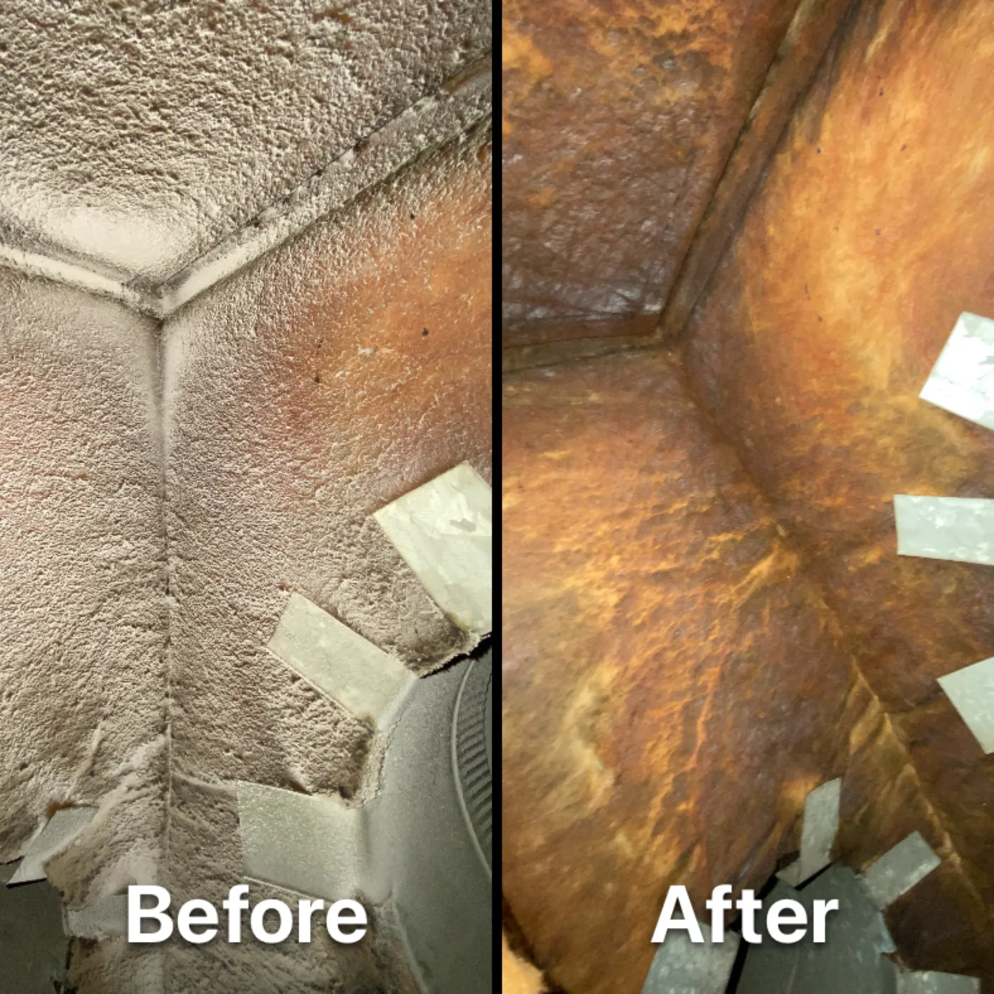 Before-and-after duct photo showing heavy buildup and cleaned surface.