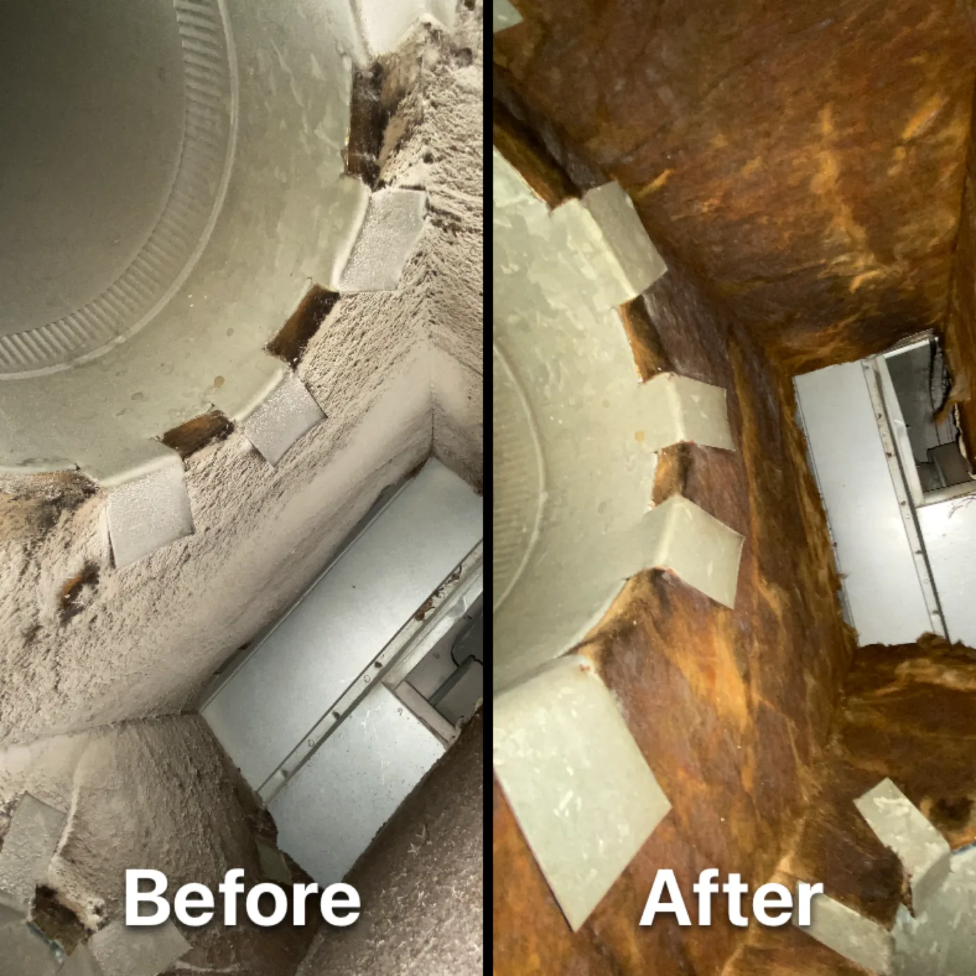 Air duct cleaning photo showing a cleaner return path after service.